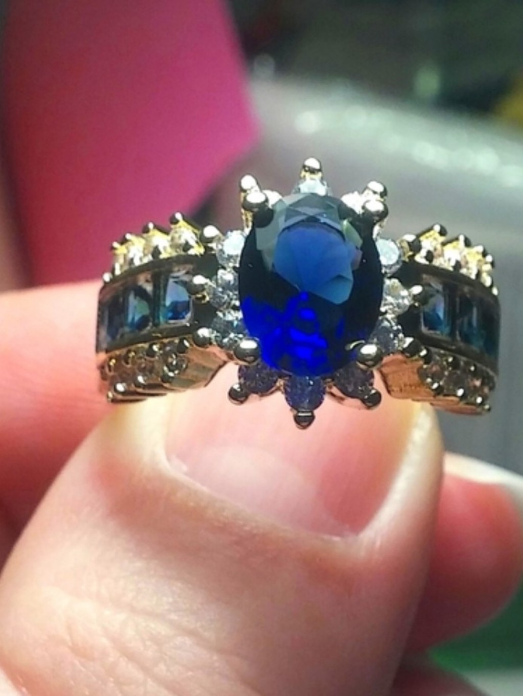 18k White Gold Filled/Silver Fancy Crown Cluster Sapphire Topaz Accent Ring Sz11